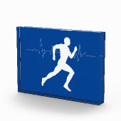 青い背景ランニングに男のランナーのシルエット フォトブロック (右)