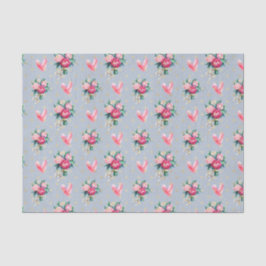 青い背景、ピンクの花とハート 薄葉紙