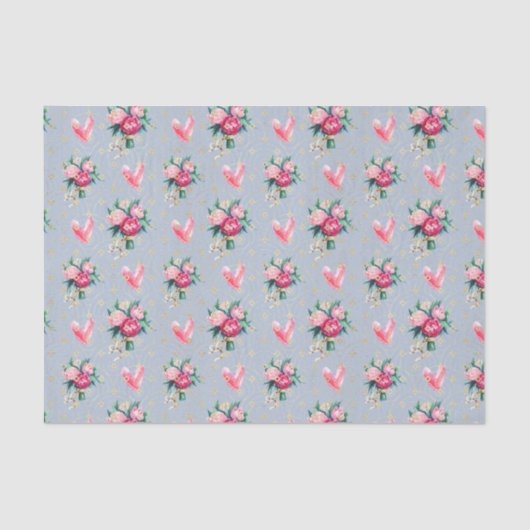 青い背景、ピンクの花とハート 薄葉紙 (正面)