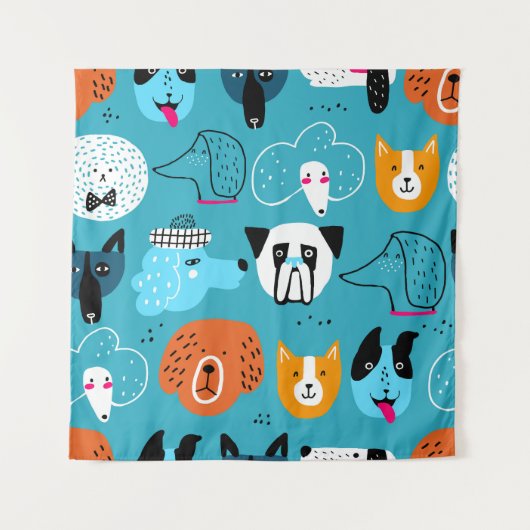 青い背景、犬よくはしゃぐのパターン。 タペストリー (正面)