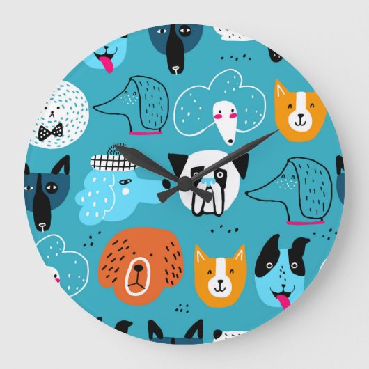 青い背景、犬よくはしゃぐのパターン。 ラージ壁時計 (正面)