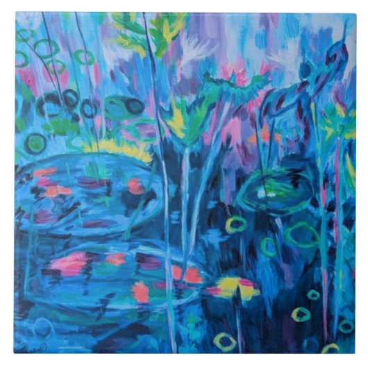 青い自然フローラ抽象芸術 タイル (正面)