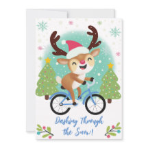 青い自転車のクリスマスカードに乗ったかわいいトナカイ
