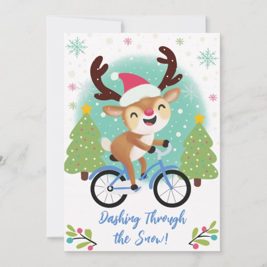 青い自転車のクリスマスカードに乗ったかわいいトナカイ シーズンカード (正面)