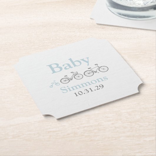 青い自転車の赤ちゃんシャワー ペーパーコースター (アングル)