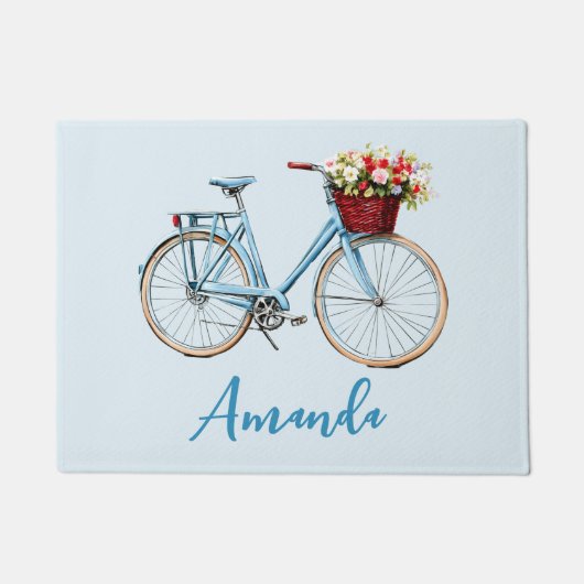 青い自転車春の花オン淡い色の青 ドアマット (正面)