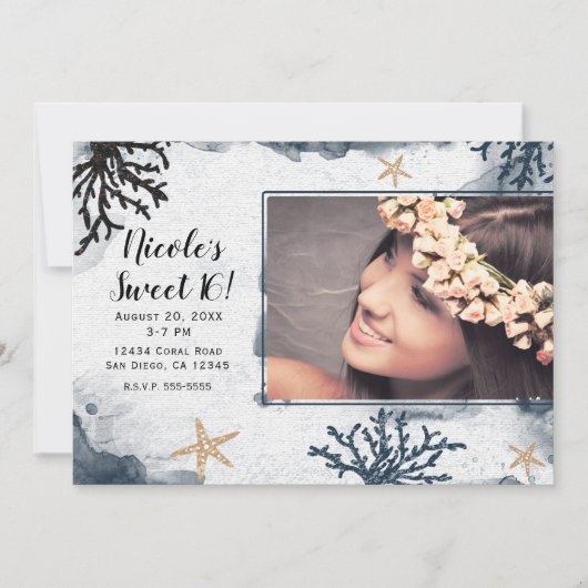 青い航海のコーラルウォーターの色の甘い16写真 招待状 (正面)