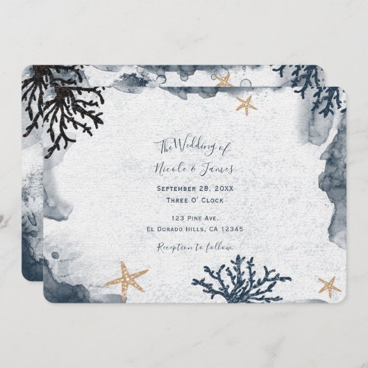 青い航海のコーラルウォーター色エレガントパーティー 招待状 (正面/裏面)