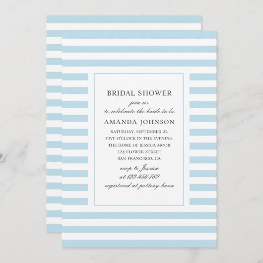 青い航海のストライプ。ストライプのブライダルシャワー 招待状 (正面/裏面)