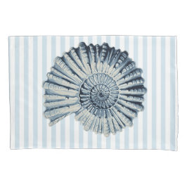 青い航海のスパイラルシェルと白のストライプ 枕カバー