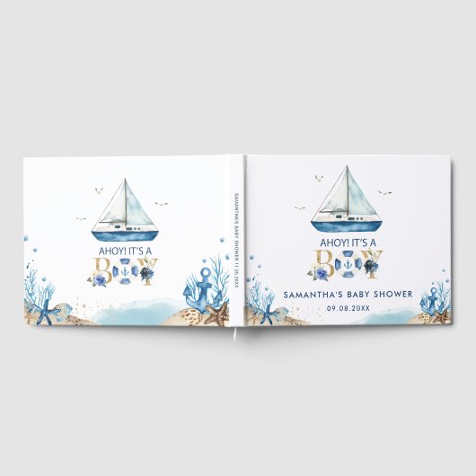 青い航海のボートアホイ男の子の赤ちゃんシャワーの流行だ ゲストブック (全面)