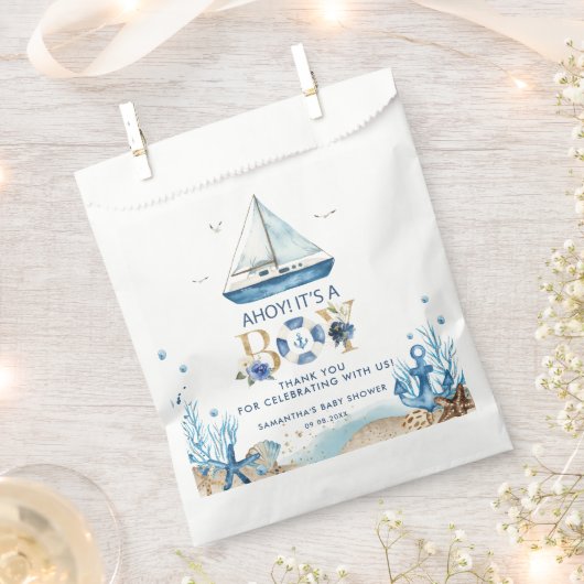 青い航海のボートアホイ男の子の赤ちゃんシャワー フェイバーバッグ (クリップ留めされた状態)