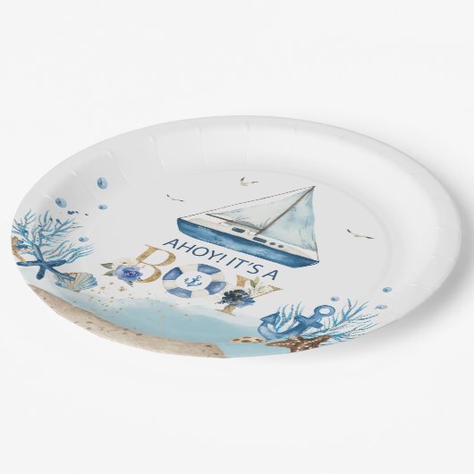 青い航海のボートアホイ男の子の赤ちゃんシャワー ペーパープレート (アングル)