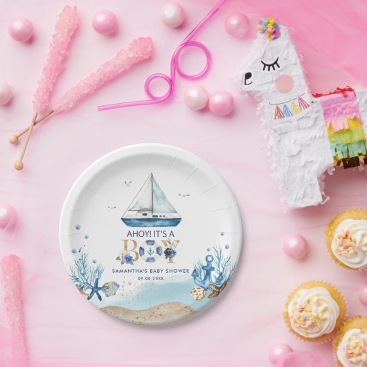 青い航海のボートアホイ男の子の赤ちゃんシャワー ペーパープレート (パーティー)