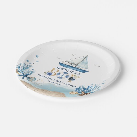 青い航海のボートアホイ男の子の赤ちゃんシャワー ペーパープレート (アングル)