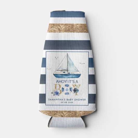 青い航海のボートアホイ男の子の赤ちゃんシャワー ボトルクーラー (正面)