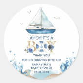 青い航海のボートアホイ男の子の赤ちゃんシャワー ラウンドシール (正面)