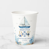 青い航海のボートアホイ男の子の赤ちゃんシャワー 紙コップ (裏面)