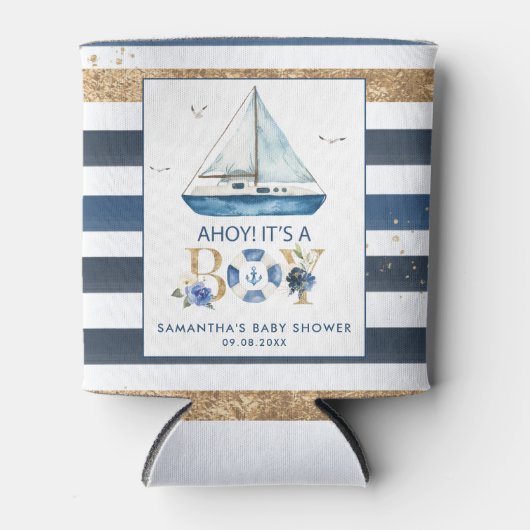 青い航海のボートアホイ男の子の赤ちゃんシャワー 缶クーラー (正面)