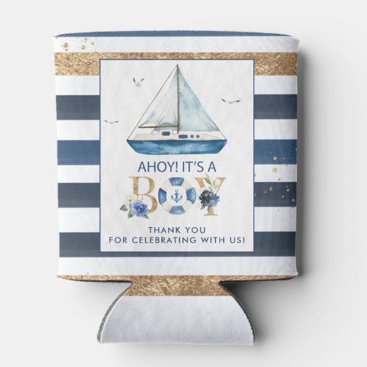 青い航海のボートアホイ男の子の赤ちゃんシャワー 缶クーラー (裏面)