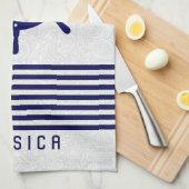 青い航海のボートホイールとストライプ キッチンタオル (四つ折り)