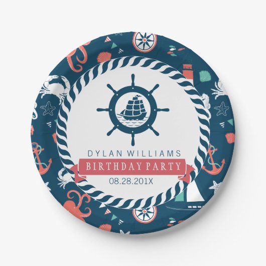 青い航海のボートホイールと海洋の生活パターン ペーパープレート (正面)