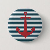 青い航海の背景に赤いストライプのいかり 缶バッジ (正面)