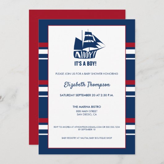 青い航海の赤ちゃんシャワーAhoyそれは男船だ 招待状 (正面/裏面)