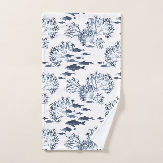 青い航海の魚と珊瑚の模様 バスタオルセット (ハンドタオル)