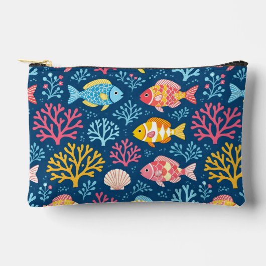 青い航海風の魚と珊瑚 アクセサリーポーチ (正面)