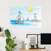 青い船に帆船海 ポスター (ホームオフィス)
