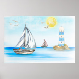 青い船に帆船海 ポスター