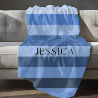 青い色のブロックストライプのパターン名プリント フリースブランケット