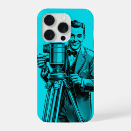 青い色のヴィンテージ映画カメラマン iPhone 15 PROケース