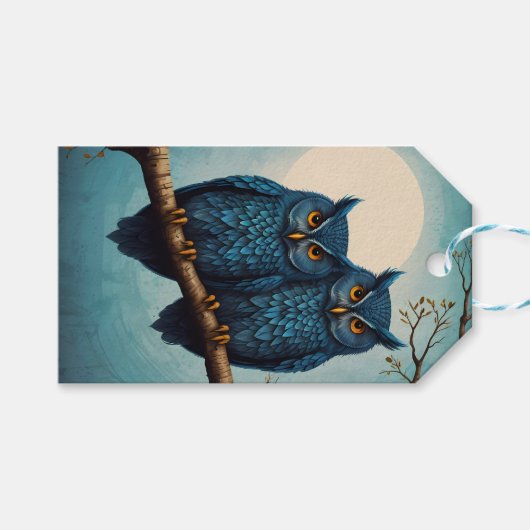 青い色の枝に可愛いフクロウのカップル ギフトタグ (正面(横))