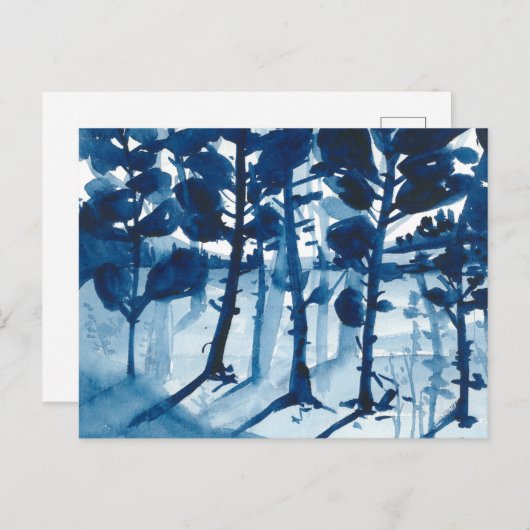 青い色の水彩風景、抽象芸術ツリー シーズンポストカード (正面/裏面)