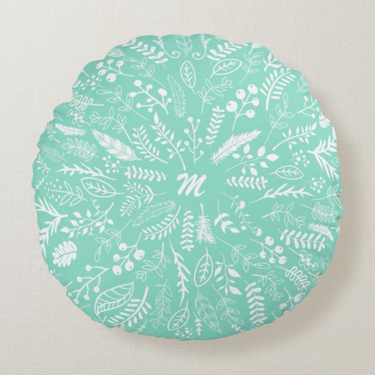 青い色調と緑の色調の羽とシダ ラウンドクッション (正面)