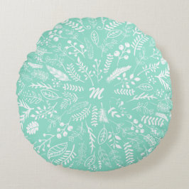 青い色調と緑の色調の羽とシダ ラウンドクッション