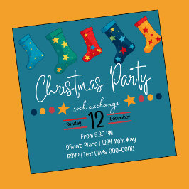 青い色調のクリスマス靴下交換パーティー 招待状