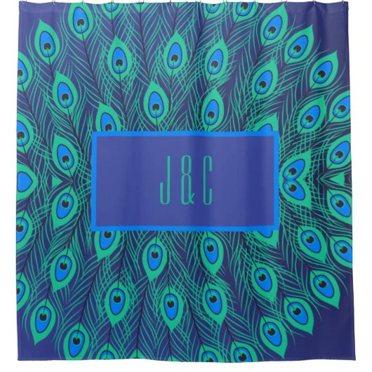 青い色調の目を引く孔雀の羽ティール(緑がかった色) シャワーカーテン (正面)