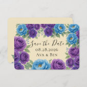 青い芍薬とイチジクの紫のローズ Save The Date カード (正面/裏面)