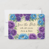 青い芍薬とイチジクの紫のローズ Save The Date カード (正面)