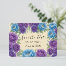 青い芍薬とイチジクの紫のローズ Save The Date カード