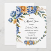 青い芍薬と黄色のデイジーのブライダルシャワー 招待状 (正面/裏面)