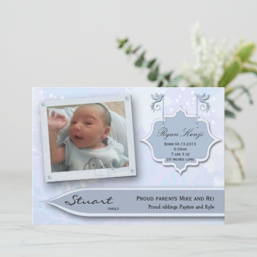 青い花および鳩の新生児の発表 案内状 (スタンド正面)