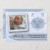 青い花および鳩の新生児の発表 案内状 (正面/裏面)