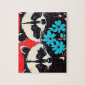 青い花が赤い背景を持つ愛らしいアライグマ ジグソーパズル (縦)