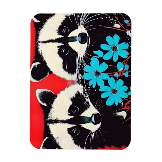 青い花が赤い背景を持つ愛らしいアライグマ マグネット (縦)