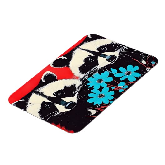 青い花が赤い背景を持つ愛らしいアライグマ マグネット (左側)