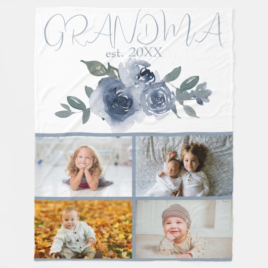 青い花とおばあちゃんの写真 フリースブランケット (正面)